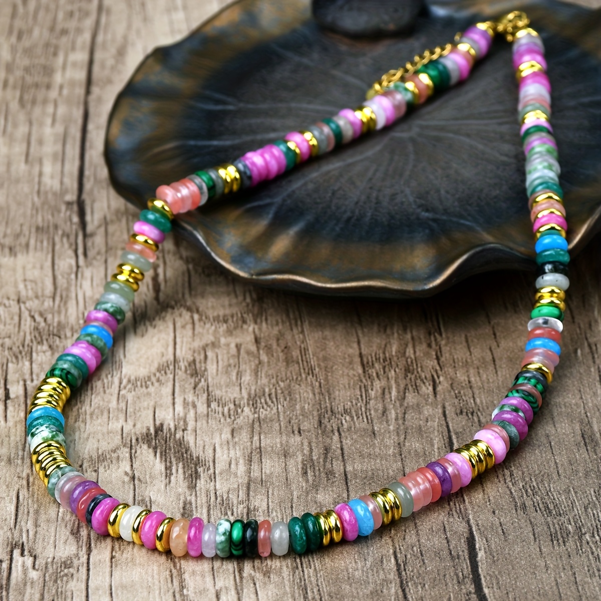 Colorful Natural Stone Beaded Necklace Bohemian Style Spring Summer Mother's Day